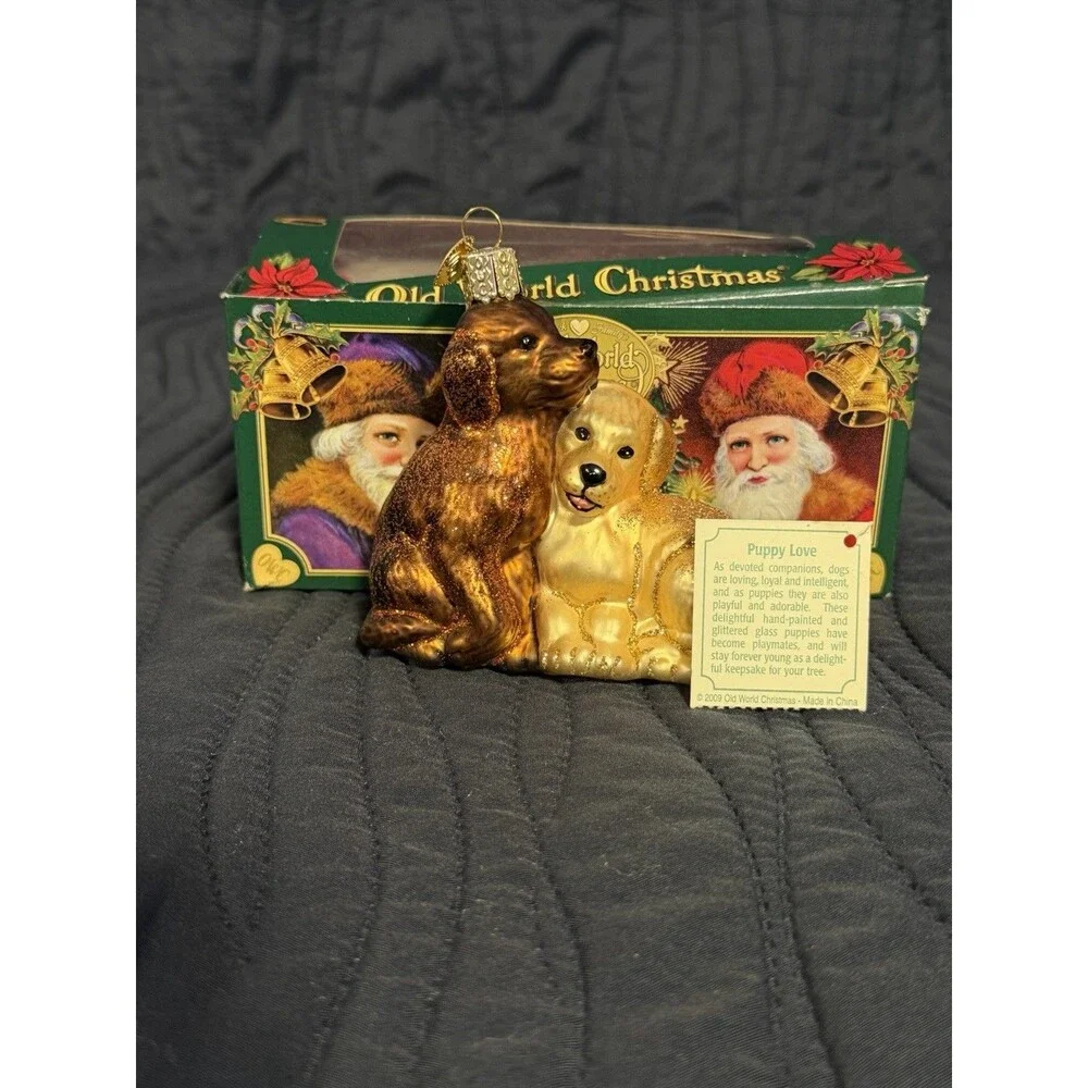 Merck Family Old World Christmas Glass Dog Ornament Brown & Golden w/ Box Bookle